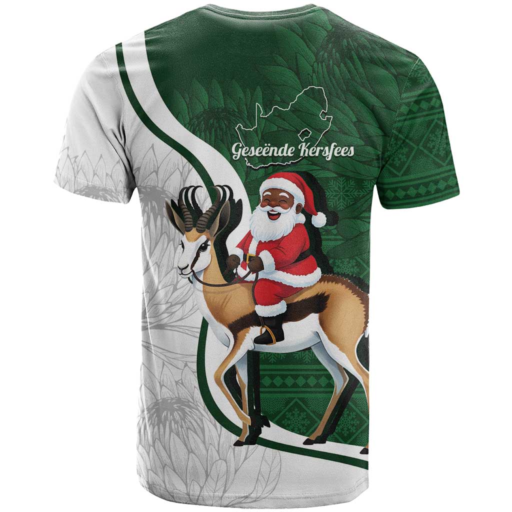 South Africa Christmas In July T shirt Geseende Kersfees Springbok Black Santa