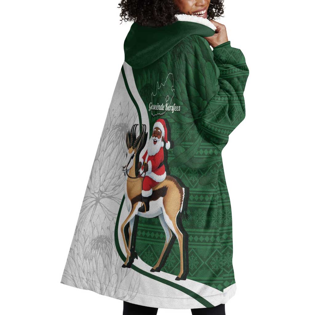 South Africa Christmas In July Wearable Blanket Hoodie Geseende Kersfees Springbok Black Santa