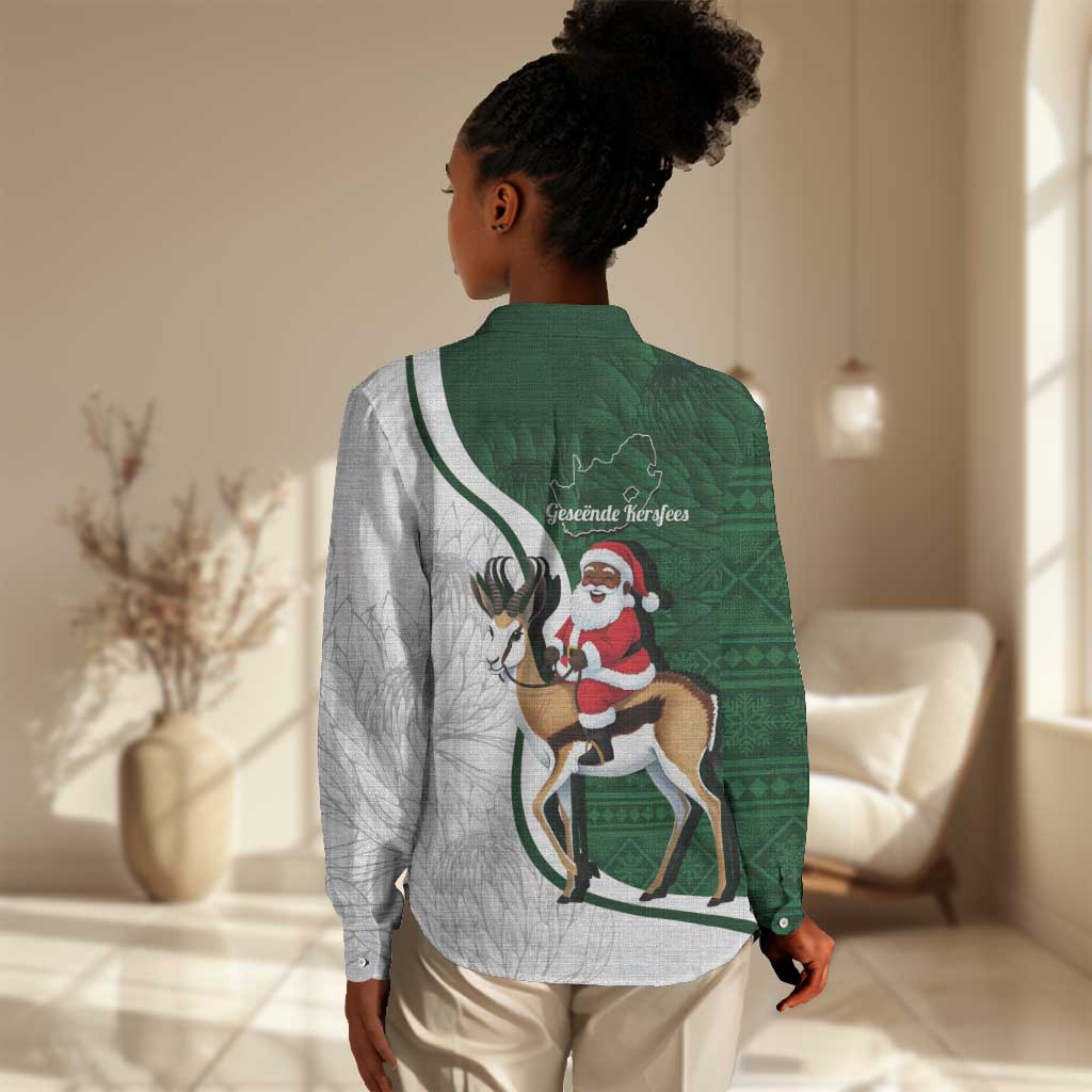 South Africa Christmas In July Women Casual Shirt Geseende Kersfees Springbok Black Santa