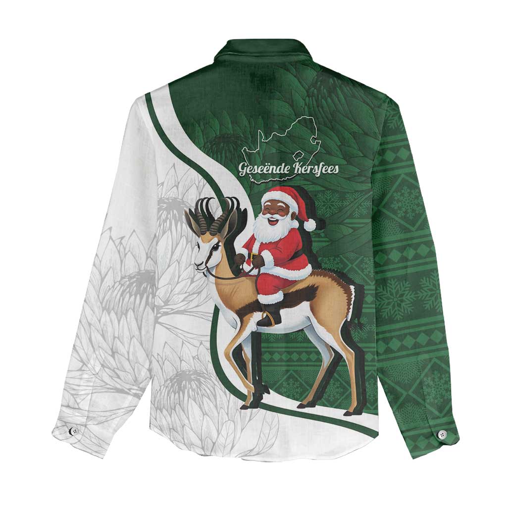 South Africa Christmas In July Women Casual Shirt Geseende Kersfees Springbok Black Santa