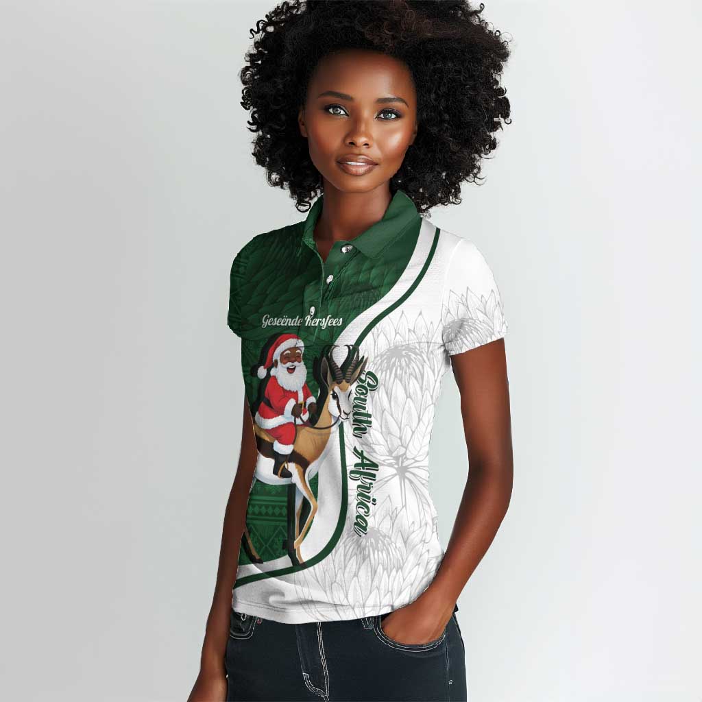 South Africa Christmas In July Women Polo Shirt Geseende Kersfees Springbok Black Santa
