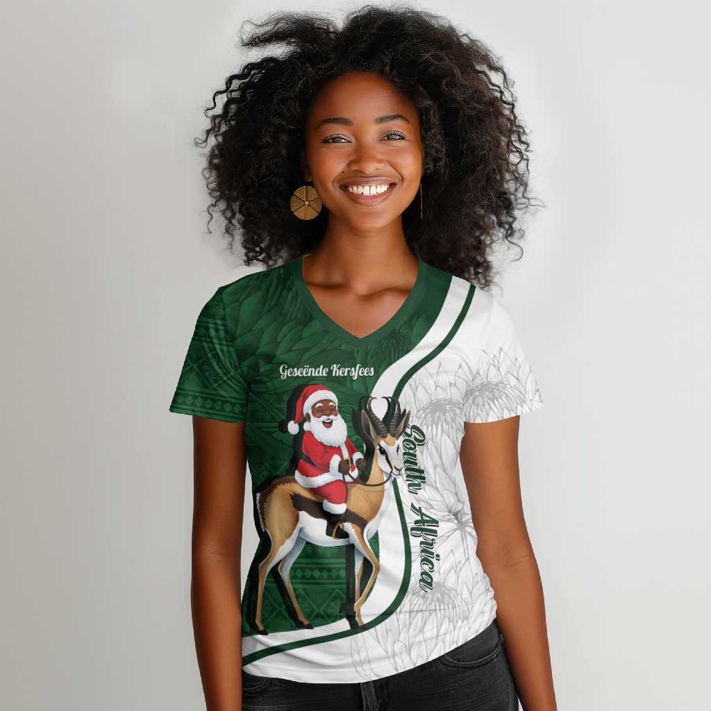 South Africa Christmas In July Women V-Neck T-Shirt Geseende Kersfees Springbok Black Santa
