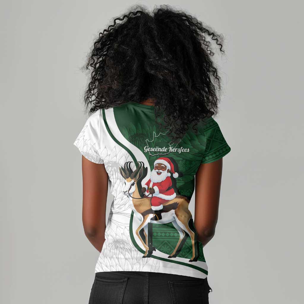 South Africa Christmas In July Women V-Neck T-Shirt Geseende Kersfees Springbok Black Santa