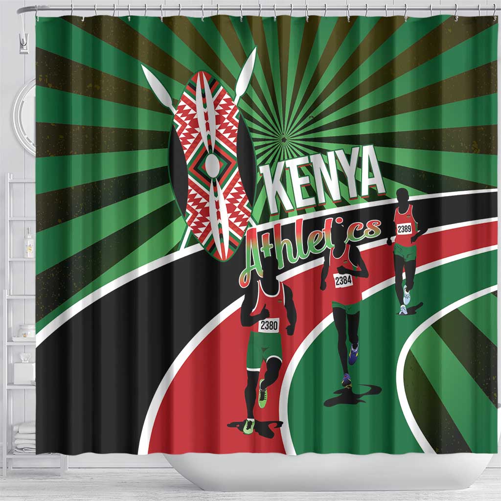 Afro Athletics Kenya Shower Curtain Olono Maasai Shield Running Way - African Pride