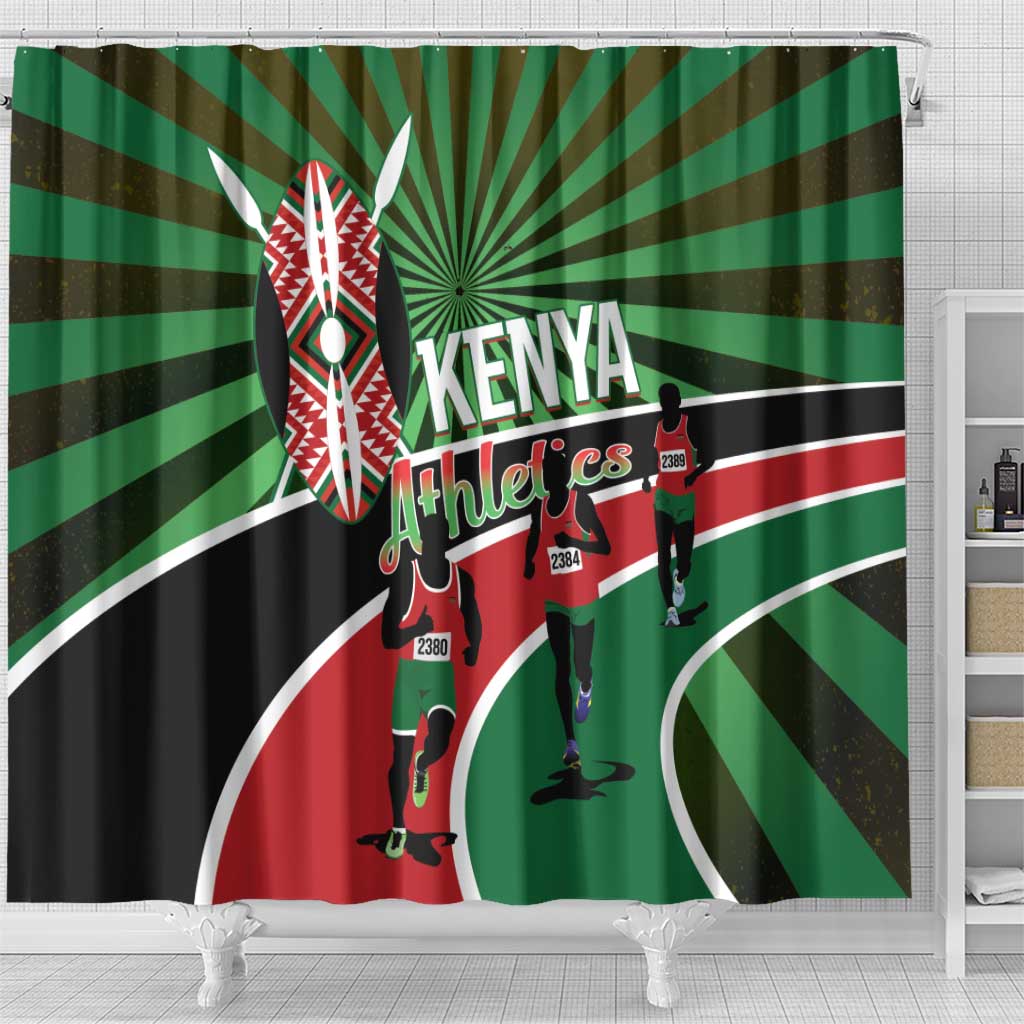 Afro Athletics Kenya Shower Curtain Olono Maasai Shield Running Way - African Pride