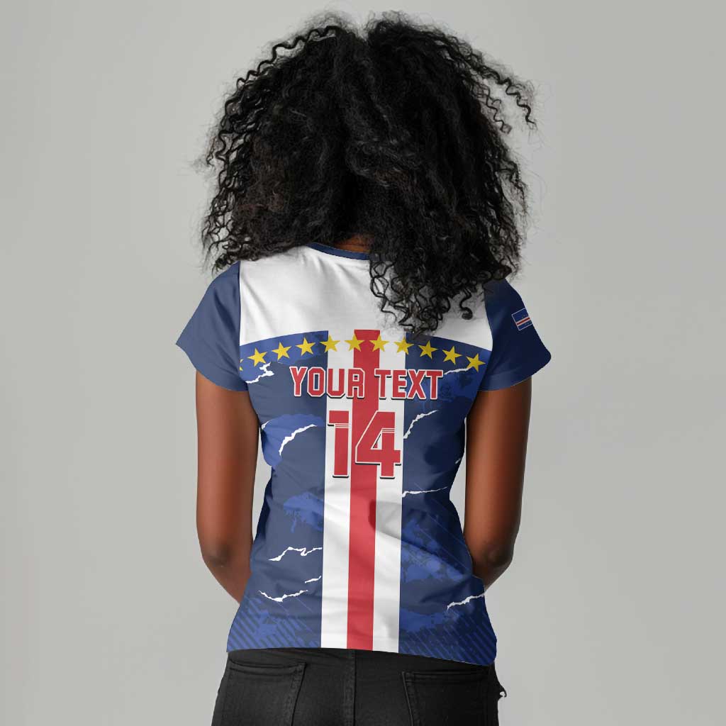 Custom Cape Verde Football Women V-Neck T-Shirt Blue Sharks Sporty