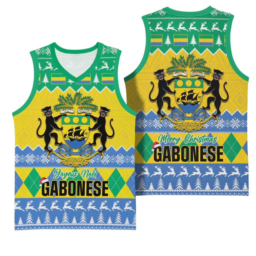Afro Gabon Christmas Basketball Jersey Joyeux Noel Coat Of Arms - African Pattern LT14