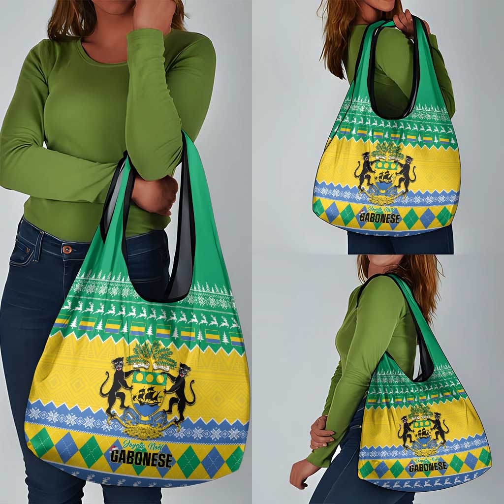 Afro Gabon Christmas Grocery Bag Joyeux Noel Coat Of Arms - African Pattern