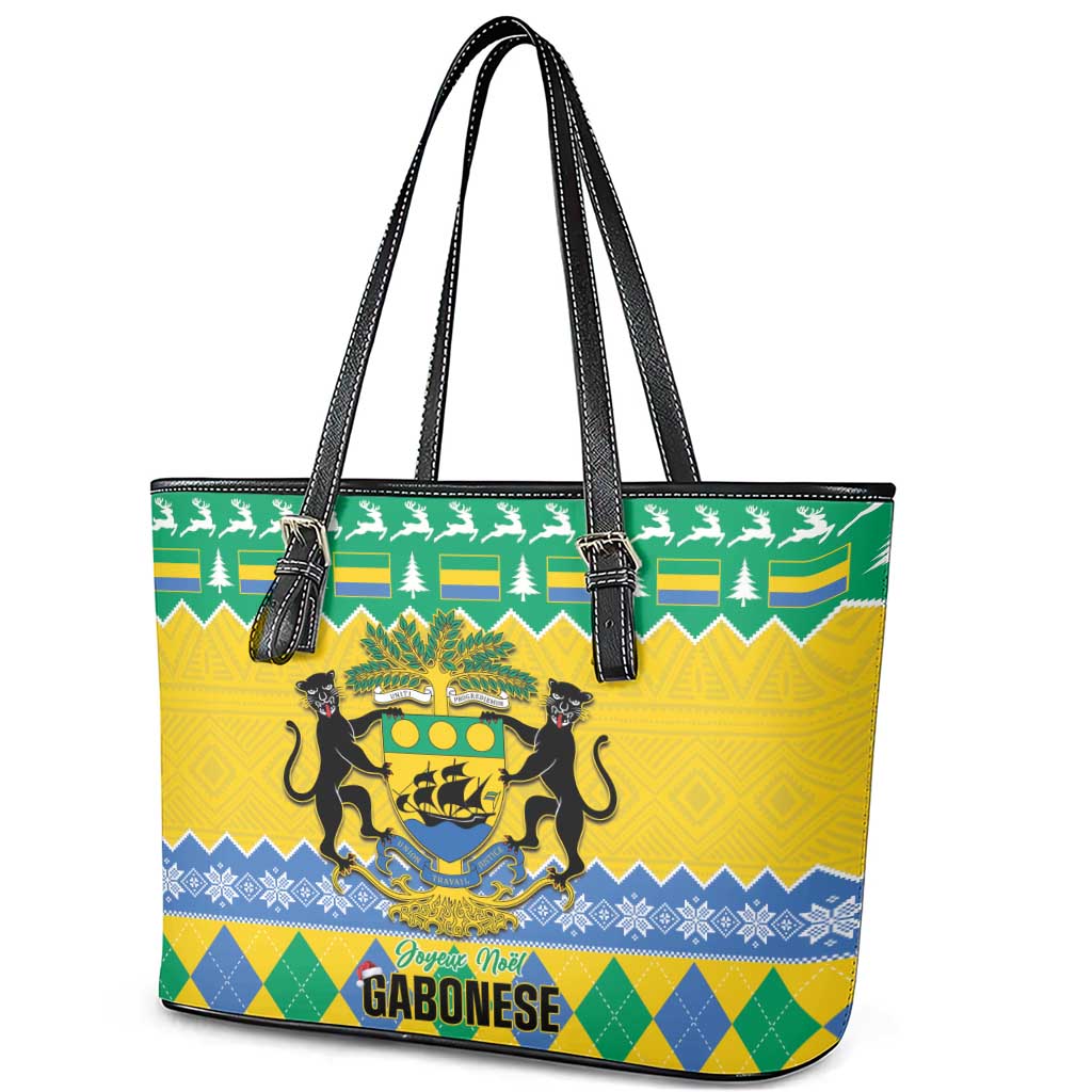 Afro Gabon Christmas Leather Tote Bag Joyeux Noel Coat Of Arms - African Pattern