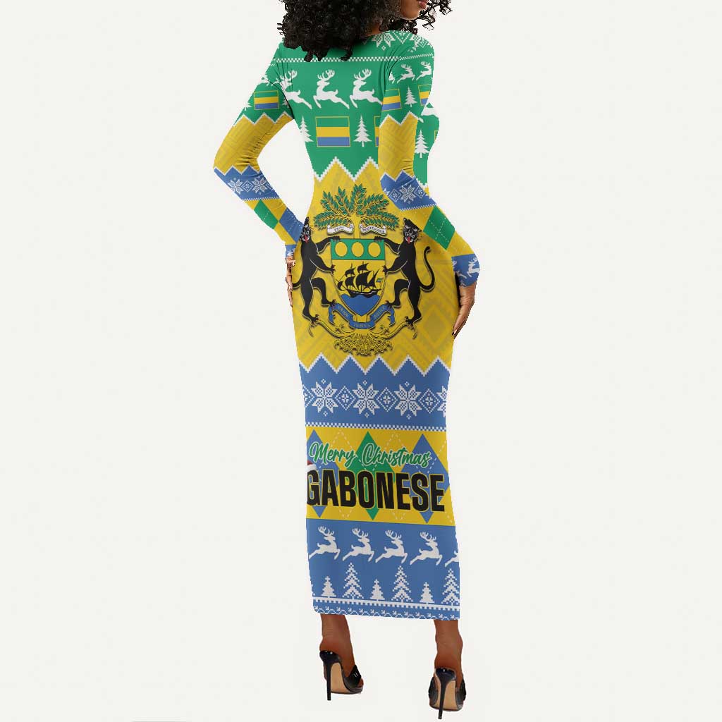 Afro Gabon Christmas Long Sleeve Bodycon Dress Joyeux Noel Coat Of Arms - African Pattern LT14