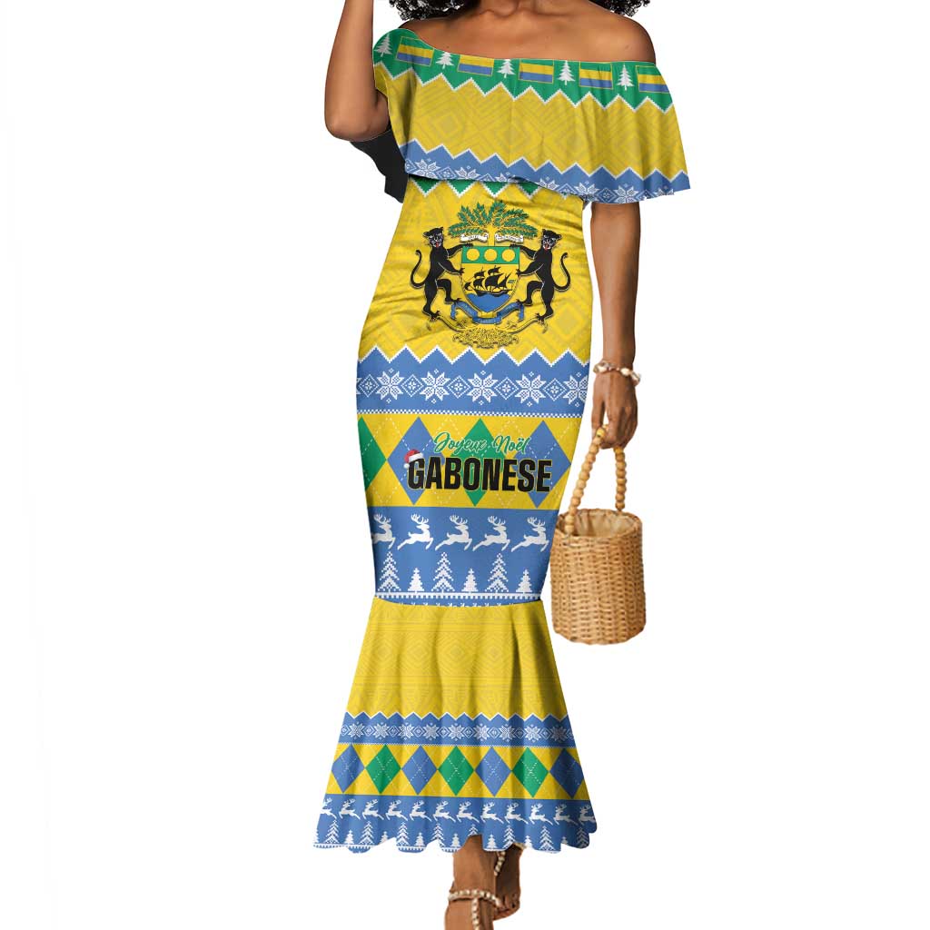 Afro Gabon Christmas Mermaid Dress Joyeux Noel Coat Of Arms - African Pattern