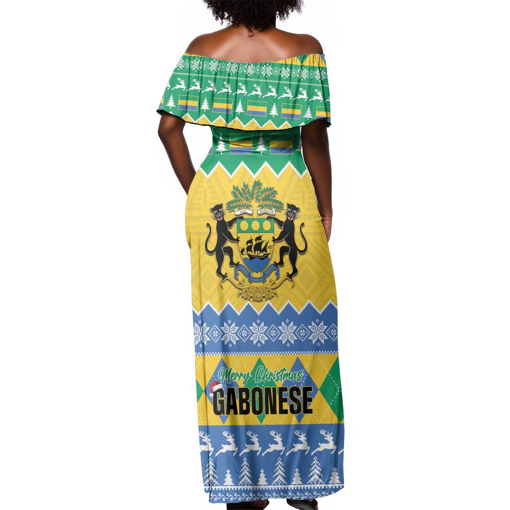 Afro Gabon Christmas Off Shoulder Maxi Dress Joyeux Noel Coat Of Arms - African Pattern