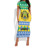 Afro Gabon Christmas Short Sleeve Bodycon Dress Joyeux Noel Coat Of Arms - African Pattern LT14
