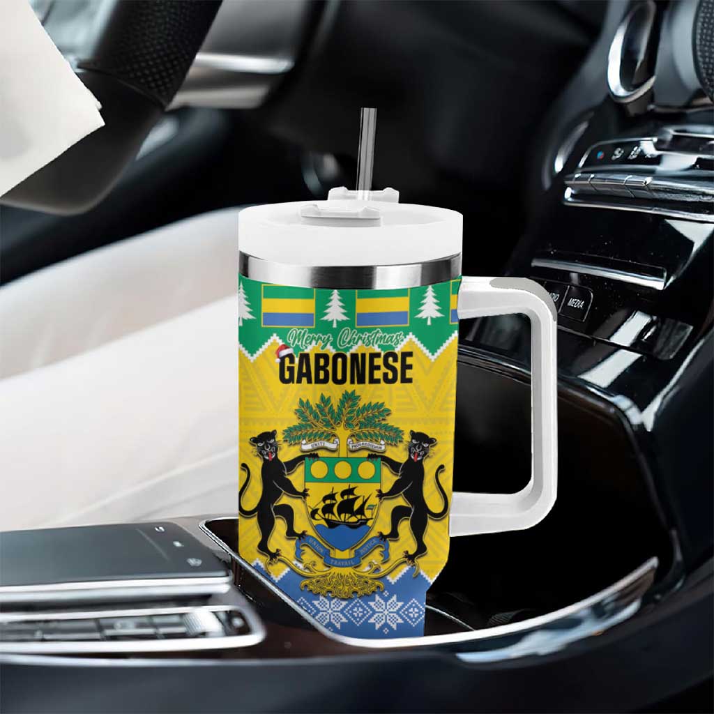 Afro Gabon Christmas Tumbler With Handle Joyeux Noel Coat Of Arms - African Pattern