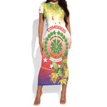 Personalized Comoros Short Sleeve Bodycon Dress Coat Of Arms Mix Ylang Ylang Flower LT14