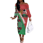Custom Kenya Cricket Off The Shoulder Long Sleeve Dress Simbas African Kente - African Pride