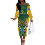 Custom South Africa Rugby Off The Shoulder Long Sleeve Dress Go Springboks Kente With Bokke