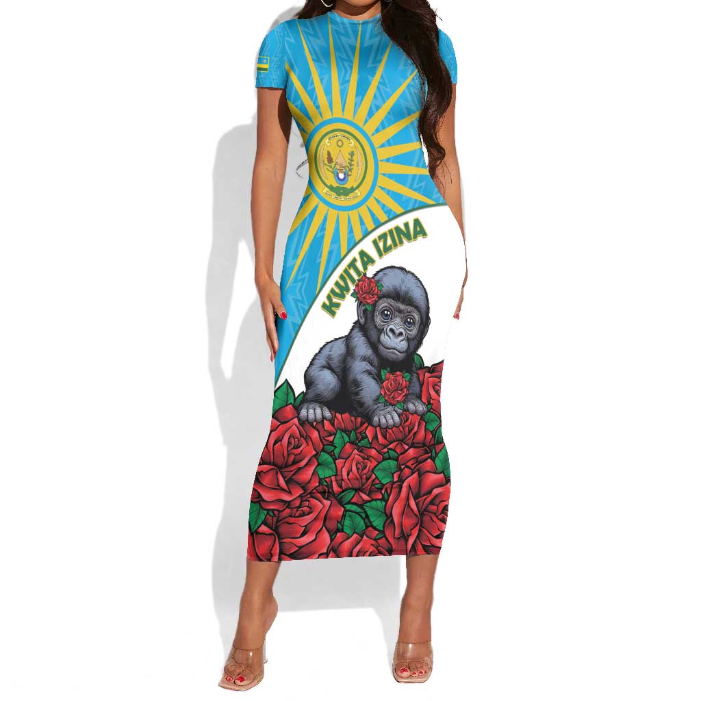 Personalized Rwanda's Gorilla Naming Short Sleeve Bodycon Dress Baby Gorilla Coat Of Arms With Red Rose by African Pride