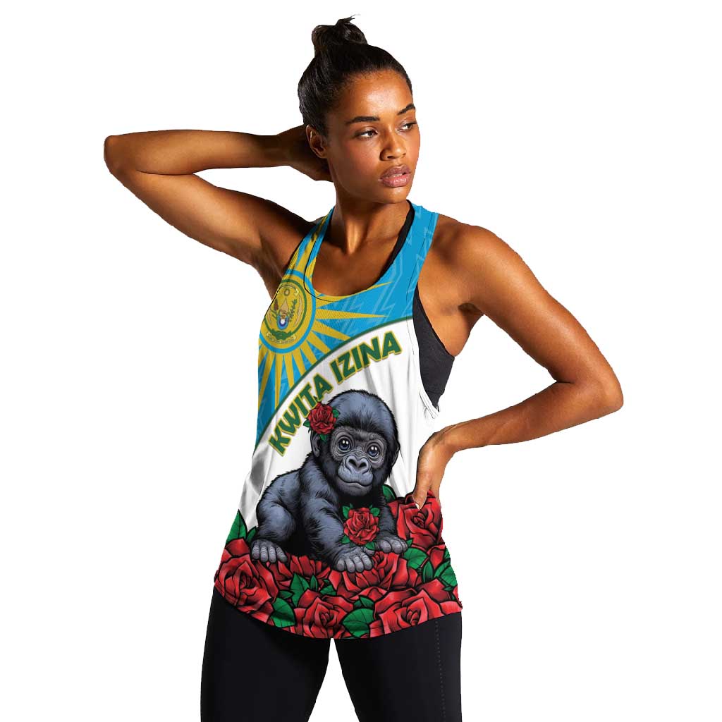 Personalized Rwanda’s Gorilla Naming Women Racerback Tank Baby Gorilla Coat Of Arms With Red Rose - African Pride