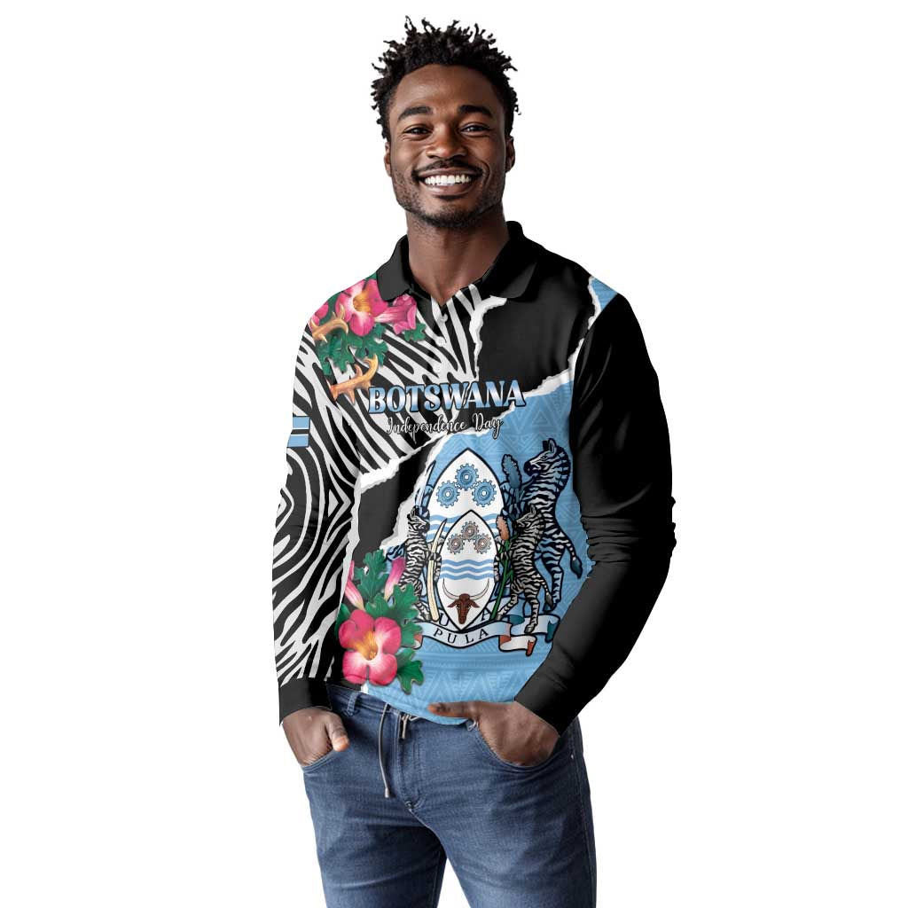 Personalized Botswana Independence Day Long Sleeve Polo Shirt Kalahari Devils Claw Zebra With Arican Pattern - African Pride