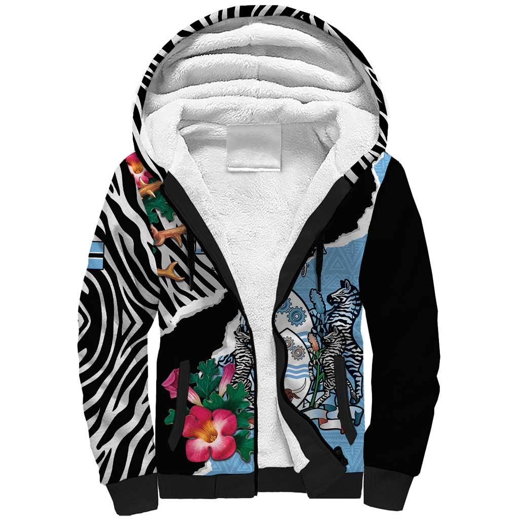 Personalized Botswana Independence Day Sherpa Hoodie Kalahari Devils Claw Zebra With Arican Pattern - African Pride
