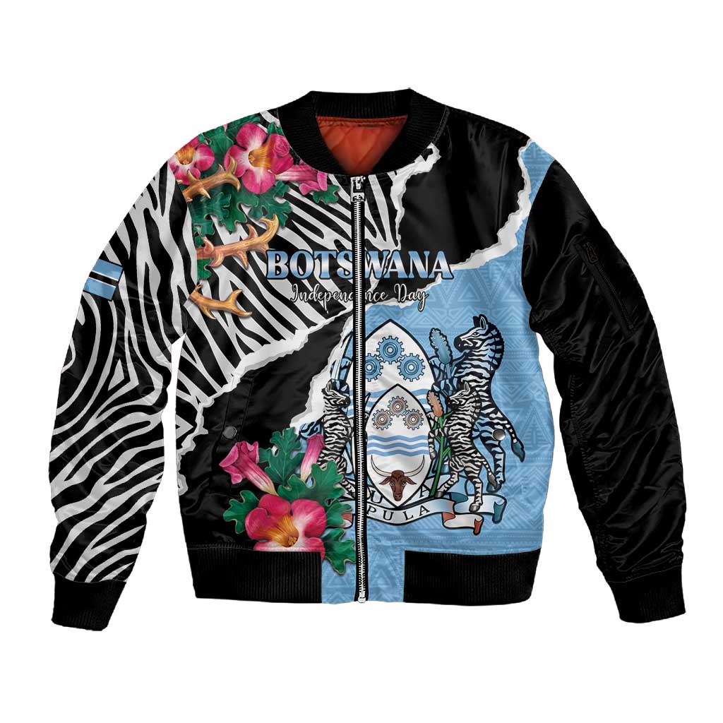 Personalized Botswana Independence Day Sleeve Zip Bomber Jacket Kalahari Devils Claw Zebra With Arican Pattern - African Pride