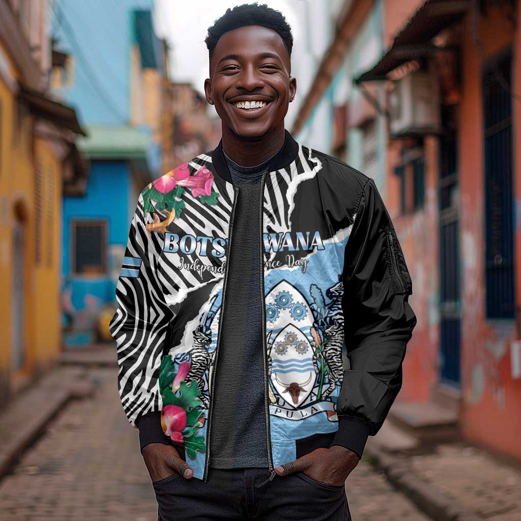 Personalized Botswana Independence Day Sleeve Zip Bomber Jacket Kalahari Devils Claw Zebra With Arican Pattern - African Pride