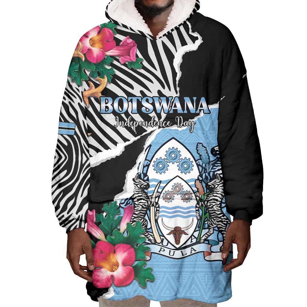 Personalized Botswana Independence Day Wearable Blanket Hoodie Kalahari Devils Claw Zebra With Arican Pattern - African Pride