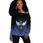 Personalised Egyptian Ankh Off Shoulder Sweater Egypt Hieroglyphs Pattern