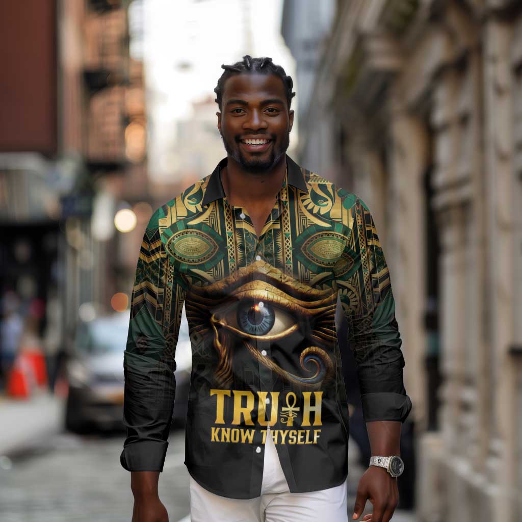 Egypt Eye of Horus Long Sleeve Button Shirt Golden Ancient Egypt Pattern