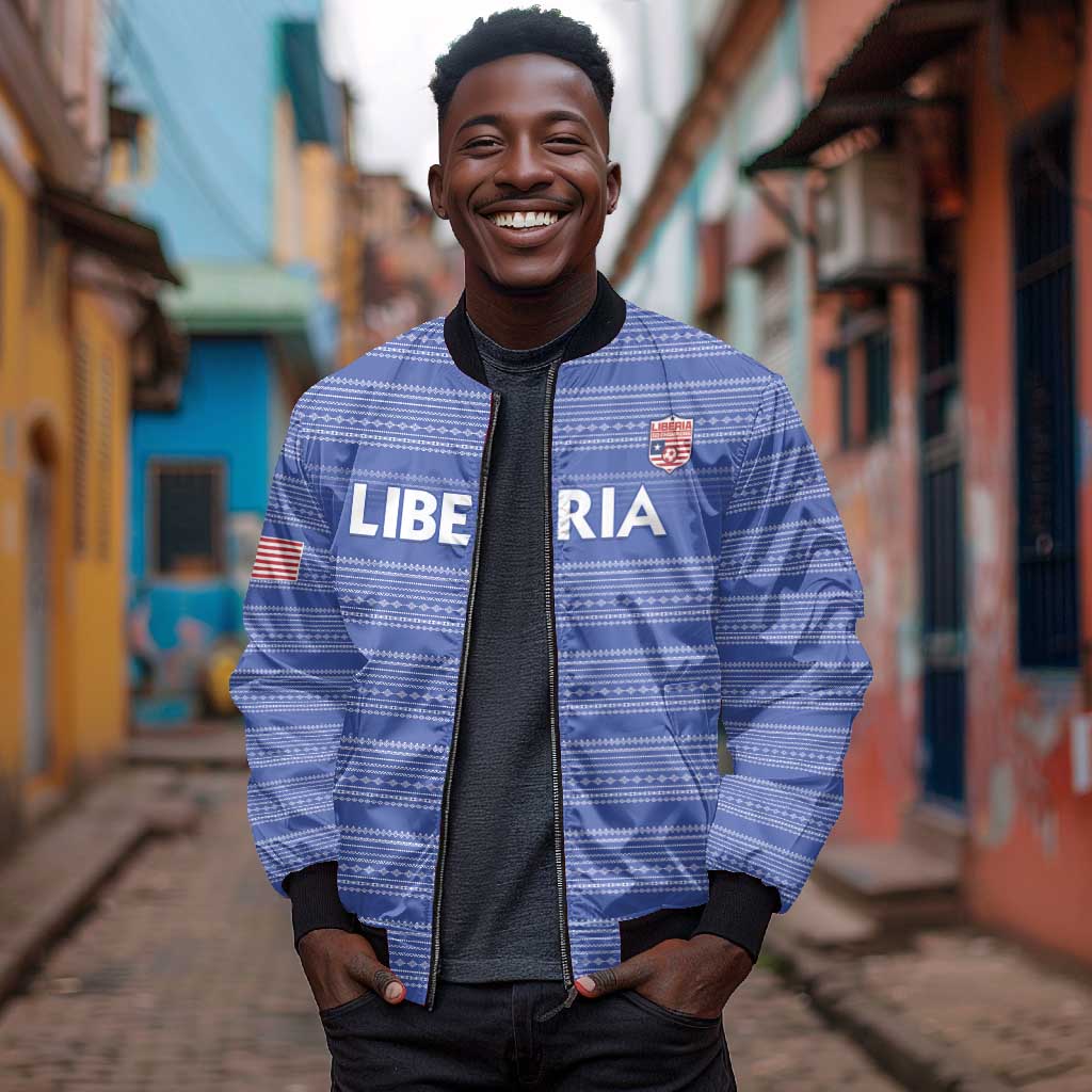 Custom Liberia Football Bomber Jacket African Tribal Pattern - Blue Jersey - African Pride