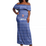 Custom Liberia Football Off Shoulder Maxi Dress African Tribal Pattern - Blue Jersey - African Pride