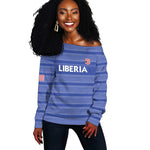 Custom Liberia Football Off Shoulder Sweater African Tribal Pattern - Blue Jersey - African Pride