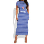 Custom Liberia Football Short Sleeve Bodycon Dress African Tribal Pattern - Blue Jersey - African Pride