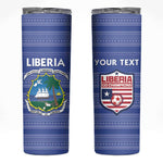 Custom Liberia Football Skinny Tumbler African Tribal Pattern - Blue Jersey - African Pride
