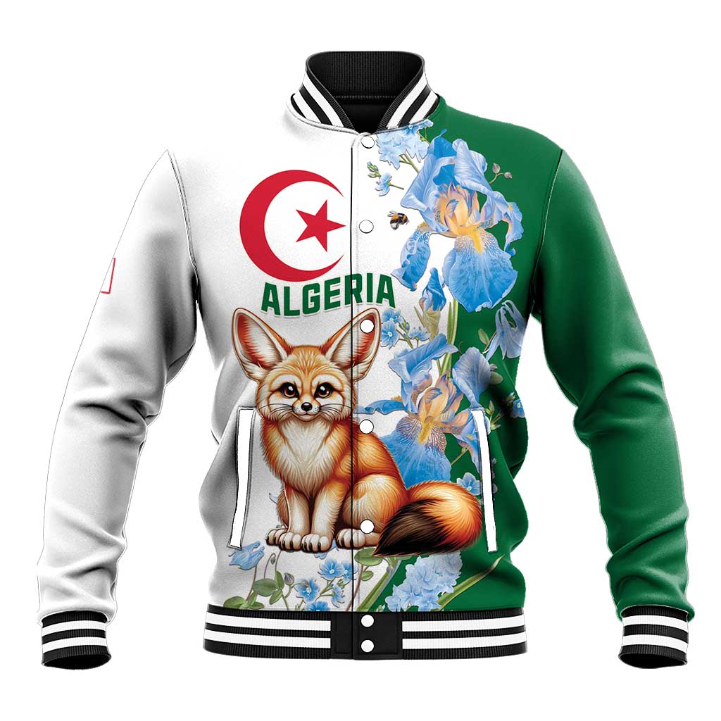 Afro Algeria Baseball Jacket Fennec Fox With Blue Isris Flower