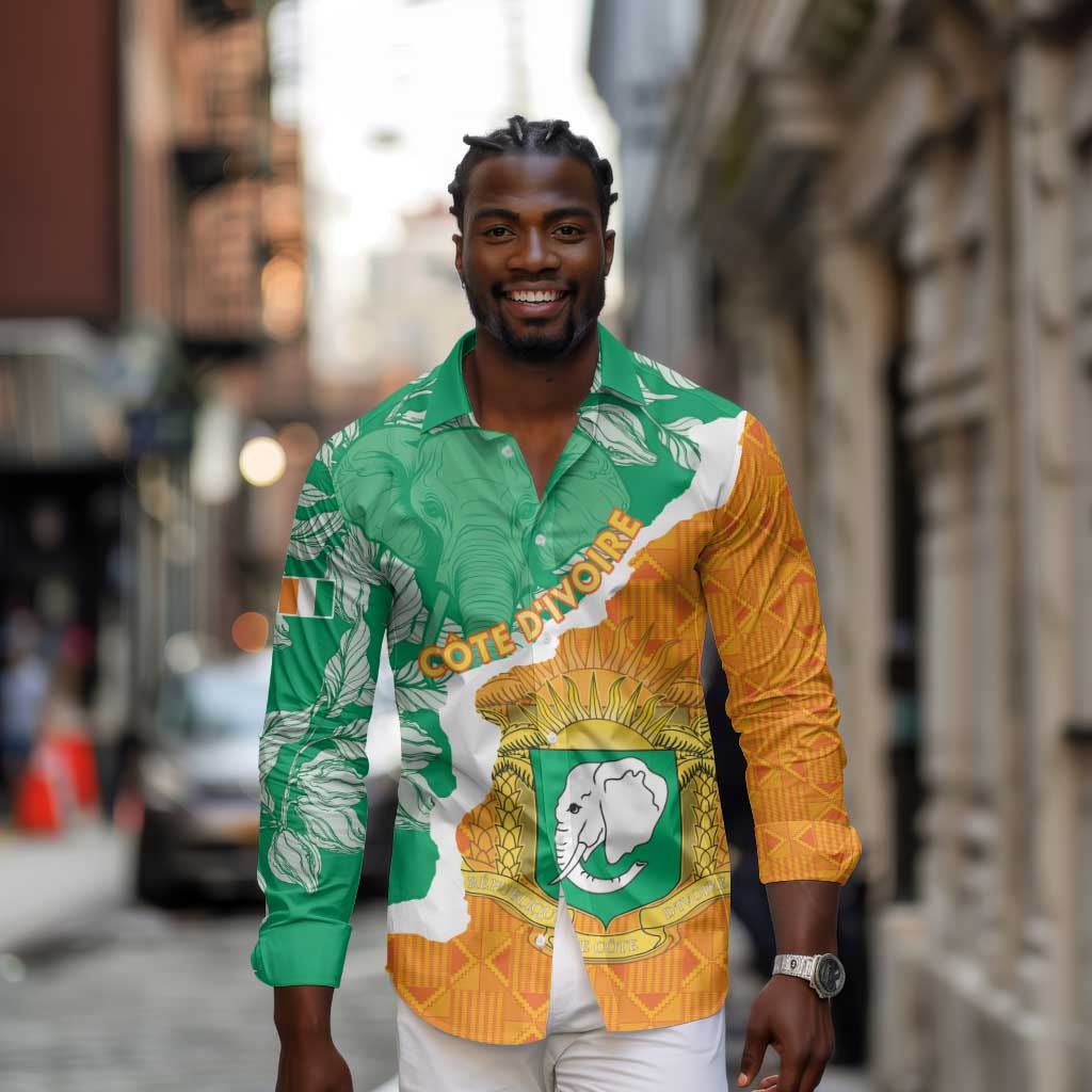 Personalized Afro Ivory Coast Long Sleeve Button Shirt Coat Of Arms With Kente Pattern