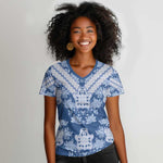 Indonesia Javanese Batik Nelson Mandela Madiba Blue Women V-Neck T-Shirt - African Pride