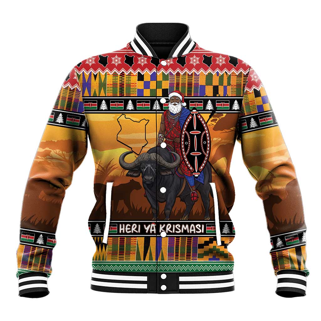 Afro Christmas in Kenya Safari Baseball Jacket Black Santa Riding Cape Buffalo - African Pride
