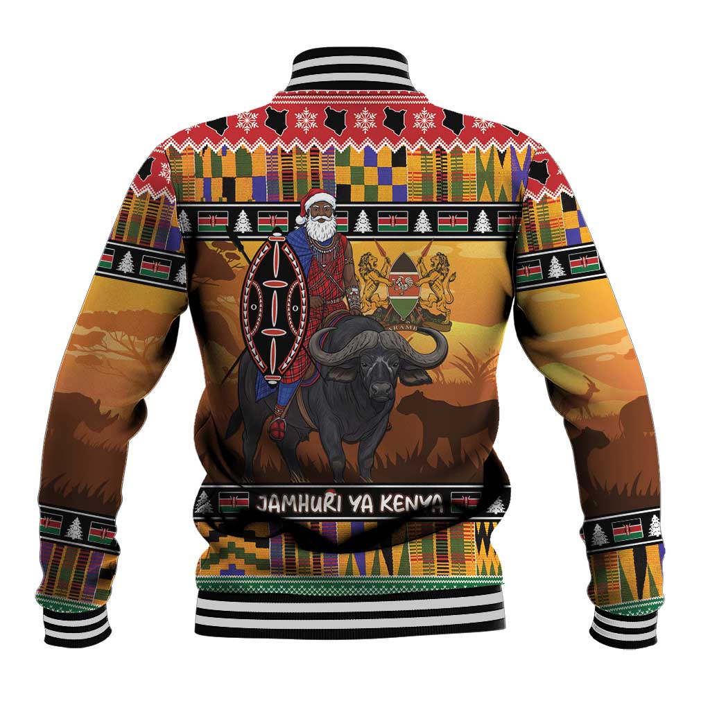 Afro Christmas in Kenya Safari Baseball Jacket Black Santa Riding Cape Buffalo - African Pride