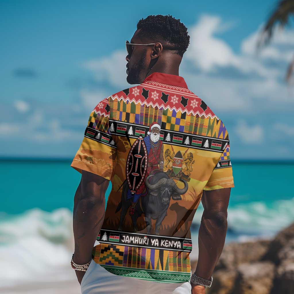 Afro Christmas in Kenya Safari Hawaiian Shirt Black Santa Riding Cape Buffalo - African Pride