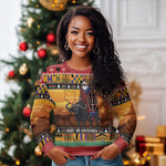 Afro Christmas in Kenya Safari Ugly Christmas Sweater Black Santa Riding Cape Buffalo - African Pride