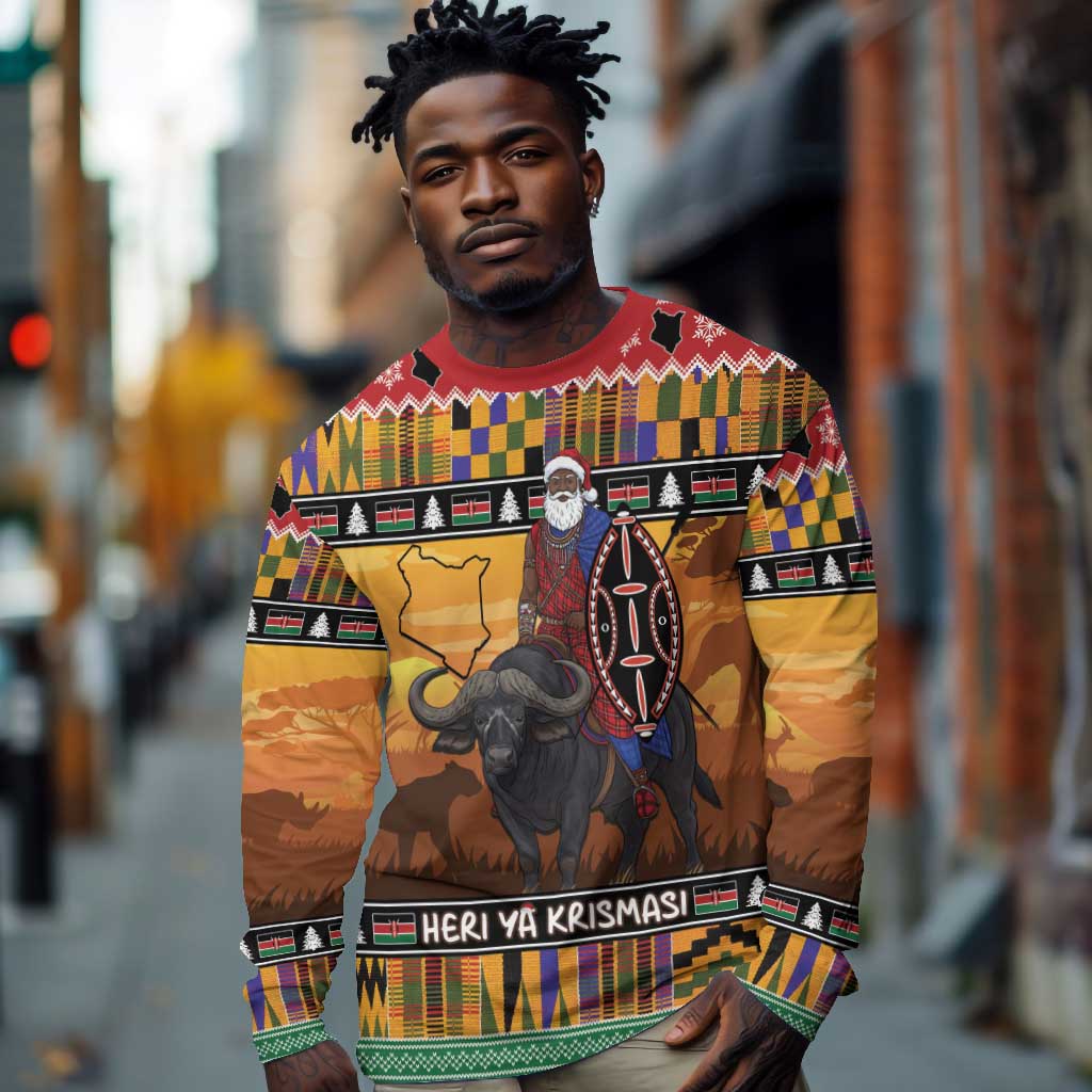 Afro Christmas in Kenya Safari Long Sleeve Shirt Black Santa Riding Cape Buffalo - African Pride