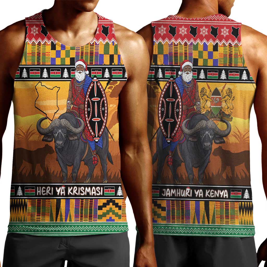 Afro Christmas in Kenya Safari Men Tank Top Black Santa Riding Cape Buffalo - African Pride