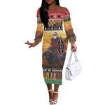 Afro Christmas in Kenya Safari Off The Shoulder Long Sleeve Dress Black Santa Riding Cape Buffalo - African Pride