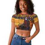Afro Christmas in Kenya Safari Raglan Cropped T shirt Black Santa Riding Cape Buffalo - African Pride