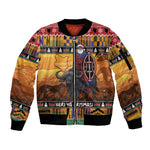 Afro Christmas in Kenya Safari Sleeve Zip Bomber Jacket Black Santa Riding Cape Buffalo - African Pride