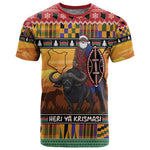 Afro Christmas in Kenya Safari T shirt Black Santa Riding Cape Buffalo - African Pride