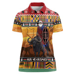 Afro Christmas in Kenya Safari Women Polo Shirt Black Santa Riding Cape Buffalo - African Pride