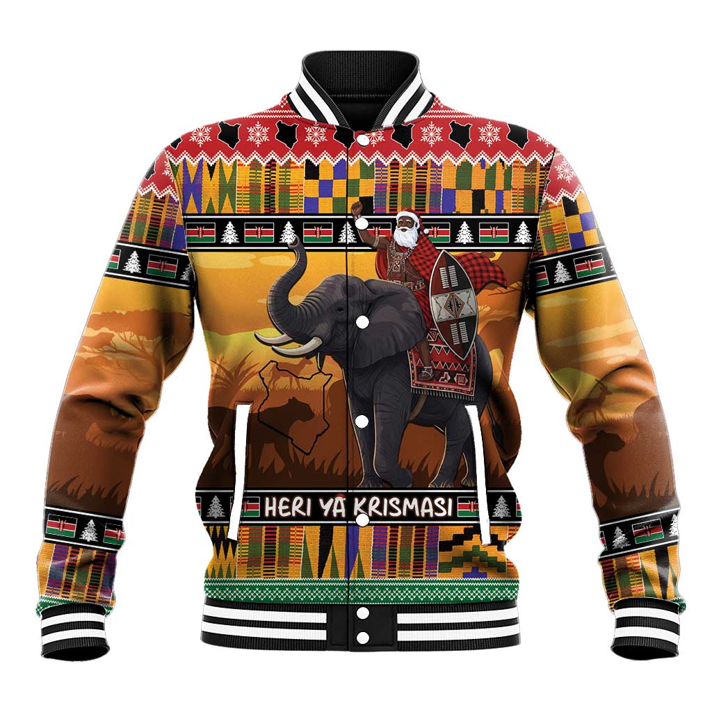 Afro Christmas in Kenya Safari Baseball Jacket Black Santa Riding Elephant - African Pride